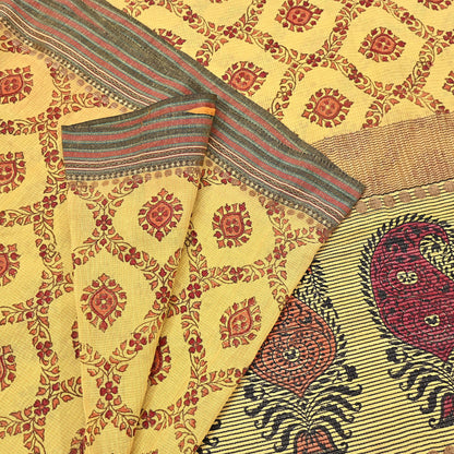 Vintage Yellow Khadi Silk Saree Handloom Pure Silk Printed Fabric 6Yd Indian Ethnic Craft Material Dressmaking Textile
