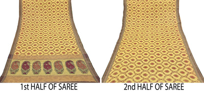 Vintage Yellow Khadi Silk Saree Handloom Pure Silk Printed Fabric 6Yd Indian Ethnic Craft Material Dressmaking Textile