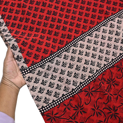 Indian Vintage Sari Black & Red Pure Crepe Silk Printed Saree 5yard Sewing Rose Flower Soft Craft Fabric Wrap