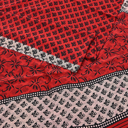 Indian Vintage Sari Black & Red Pure Crepe Silk Printed Saree 5yard Sewing Rose Flower Soft Craft Fabric Wrap