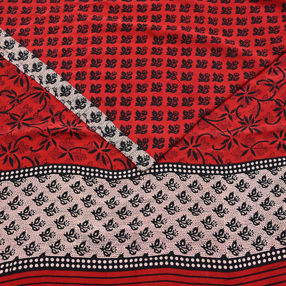 Indian Vintage Sari Black & Red Pure Crepe Silk Printed Saree 5yard Sewing Rose Flower Soft Craft Fabric Wrap