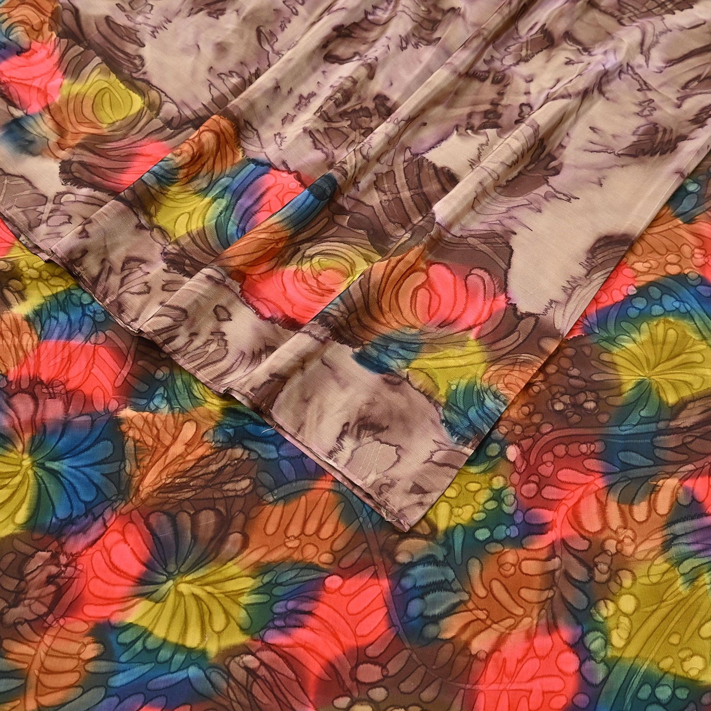 Indian Vintage Sari Brown Pure Crepe Silk Tie-Dye Printed Sarees 6yd Sewing Abstract Soft Craft Fabric Wrap Dress making Crafting Quilting