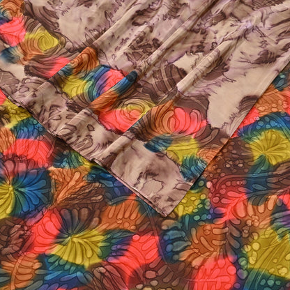 Indian Vintage Sari Brown Pure Crepe Silk Tie-Dye Printed Sarees 6yd Sewing Abstract Soft Craft Fabric Wrap Dress making Crafting Quilting