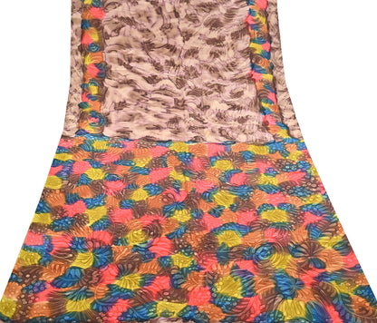 Indian Vintage Sari Brown Pure Crepe Silk Tie-Dye Printed Sarees 6yd Sewing Abstract Soft Craft Fabric Wrap Dress making Crafting Quilting