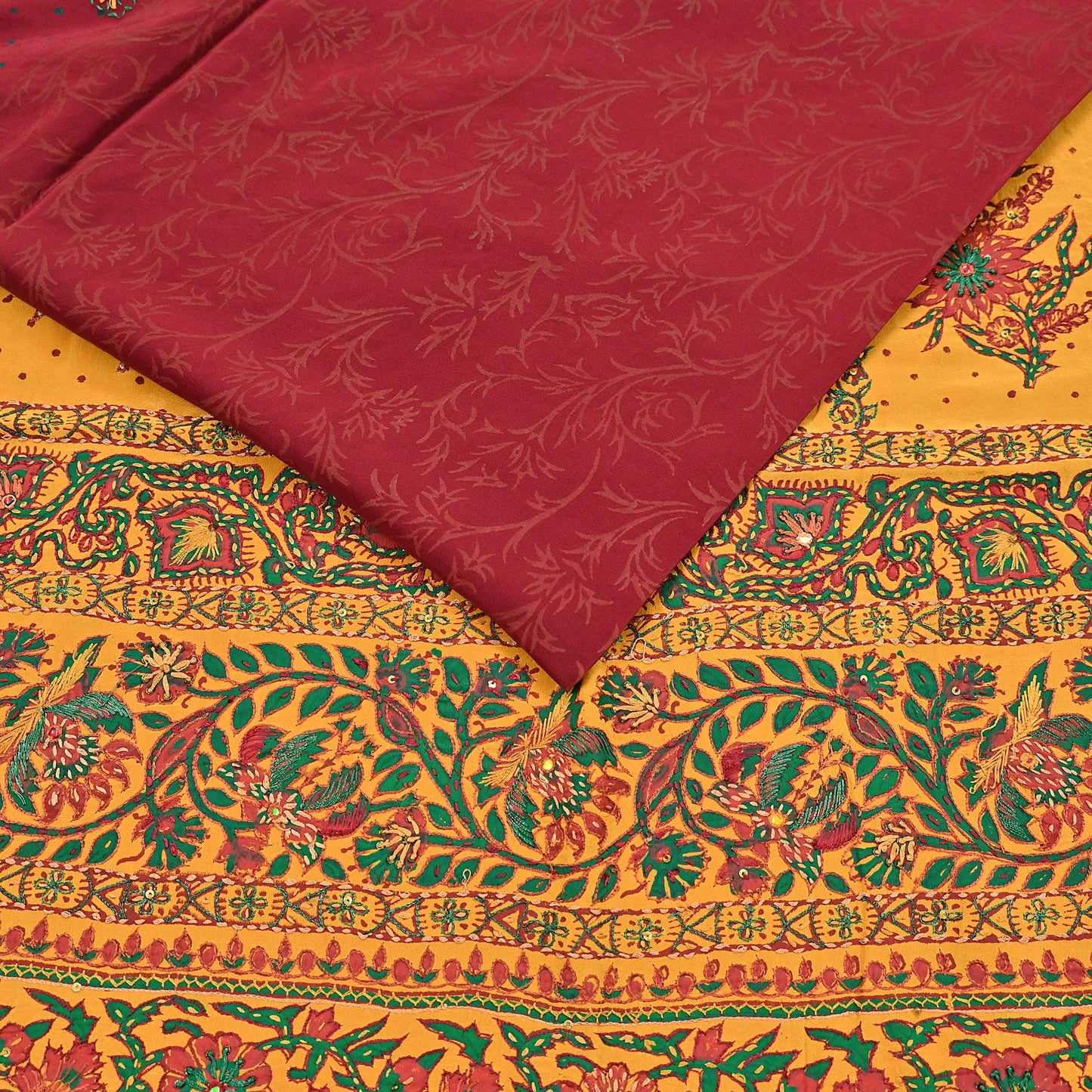 Indian Vintage Sari Maroon & mustard Pure Crepe Silk Hand Embroidered Saree 5yd Craft Fabric Sewing Sequins Dress Making Crafting Quilting