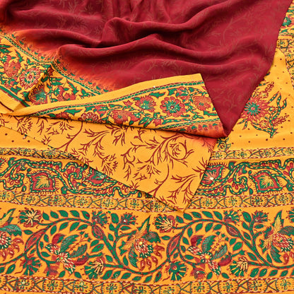 Indian Vintage Sari Maroon & mustard Pure Crepe Silk Hand Embroidered Saree 5yd Craft Fabric Sewing Sequins Dress Making Crafting Quilting