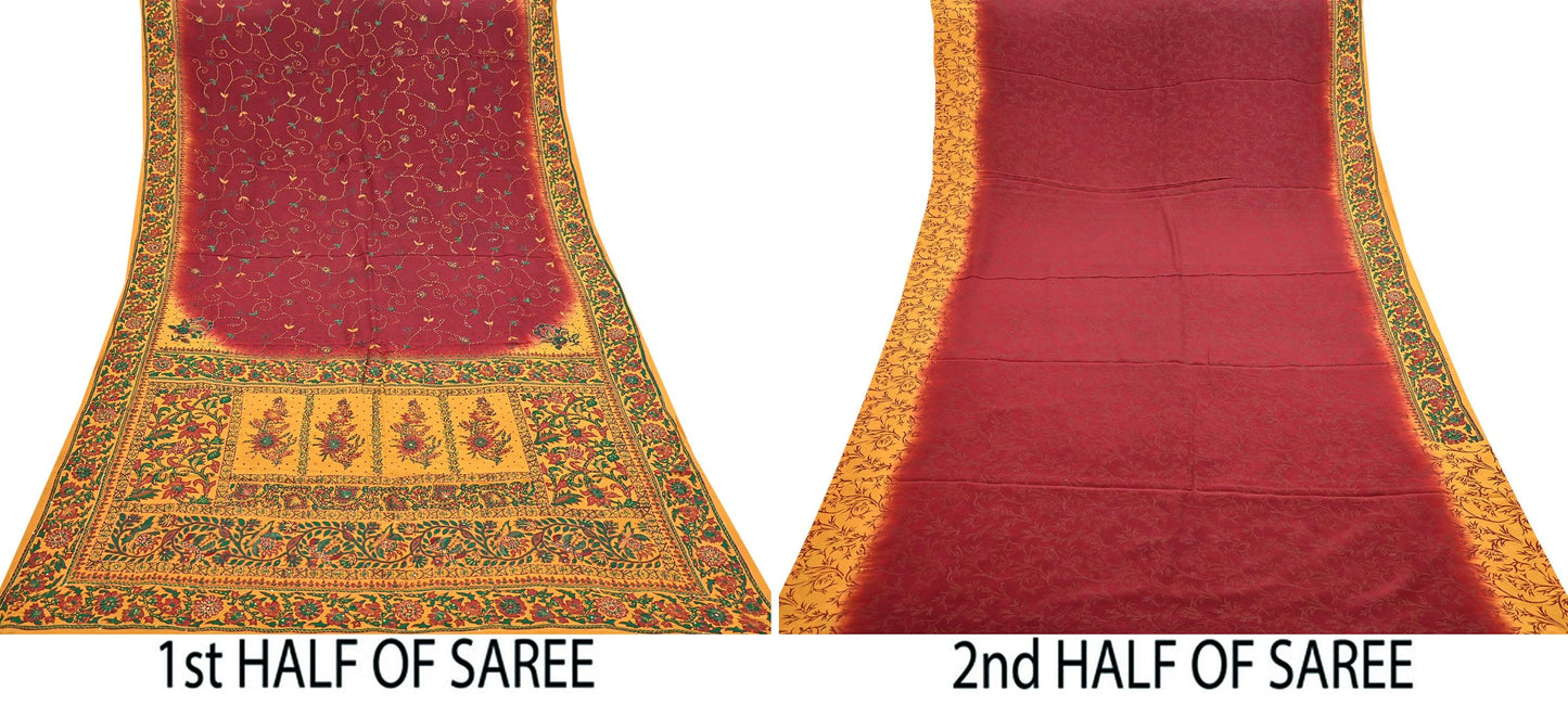 Indian Vintage Sari Maroon & mustard Pure Crepe Silk Hand Embroidered Saree 5yd Craft Fabric Sewing Sequins Dress Making Crafting Quilting