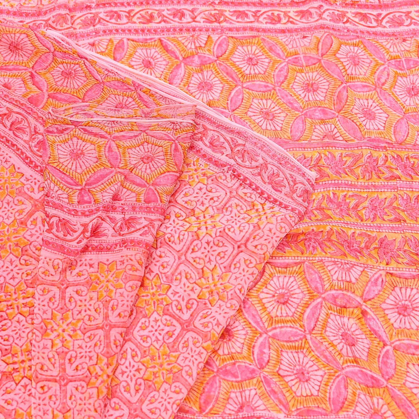Women Vintage Pink Saree Blend Chiffon Printed Sari Craft Fabric Sewing 6Yd Soft Light Sari Dress Making Floral Crafting Quilting Upcycle