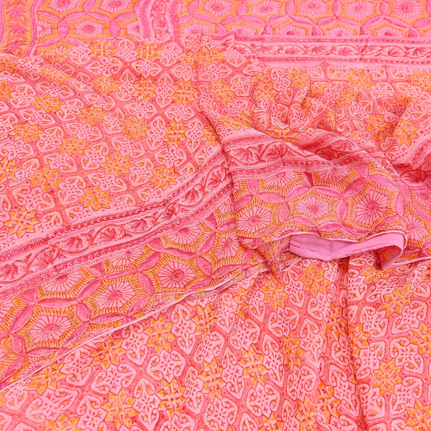 Women Vintage Pink Saree Blend Chiffon Printed Sari Craft Fabric Sewing 6Yd Soft Light Sari Dress Making Floral Crafting Quilting Upcycle