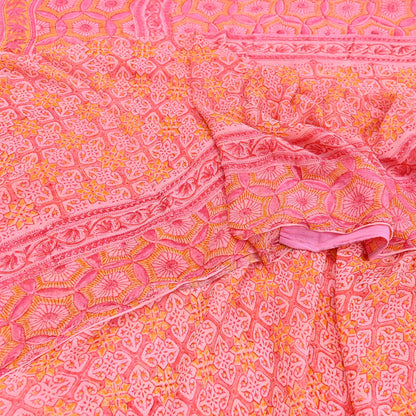 Women Vintage Pink Saree Blend Chiffon Printed Sari Craft Fabric Sewing 6Yd Soft Light Sari Dress Making Floral Crafting Quilting Upcycle