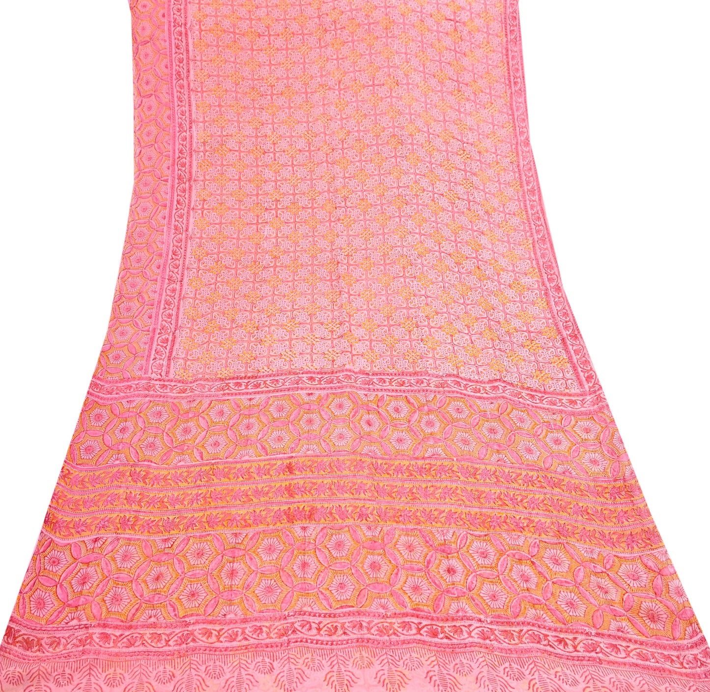 Women Vintage Pink Saree Blend Chiffon Printed Sari Craft Fabric Sewing 6Yd Soft Light Sari Dress Making Floral Crafting Quilting Upcycle
