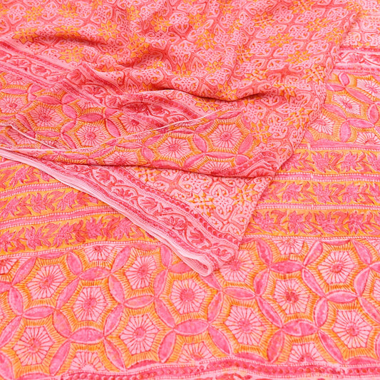Women Vintage Pink Saree Blend Chiffon Printed Sari Craft Fabric Sewing 6Yd Soft Light Sari Dress Making Floral Crafting Quilting Upcycle