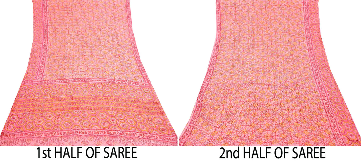 Women Vintage Pink Saree Blend Chiffon Printed Sari Craft Fabric Sewing 6Yd Soft Light Sari Dress Making Floral Crafting Quilting Upcycle