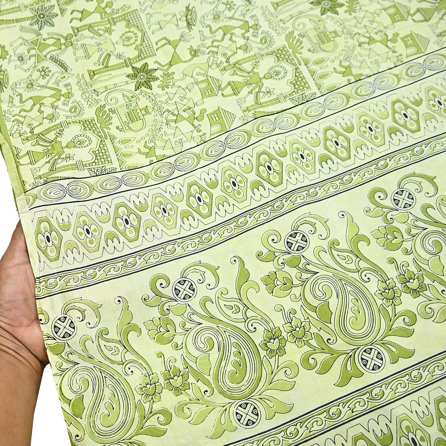 Indian Vintage Sari green & ivory Pure Silk Warli Printed Saree Craft Fabric 5Yd Dress making Sewing Dress making For Crafting Quilting