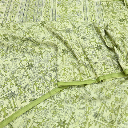 Indian Vintage Sari green & ivory Pure Silk Warli Printed Saree Craft Fabric 5Yd Dress making Sewing Dress making For Crafting Quilting