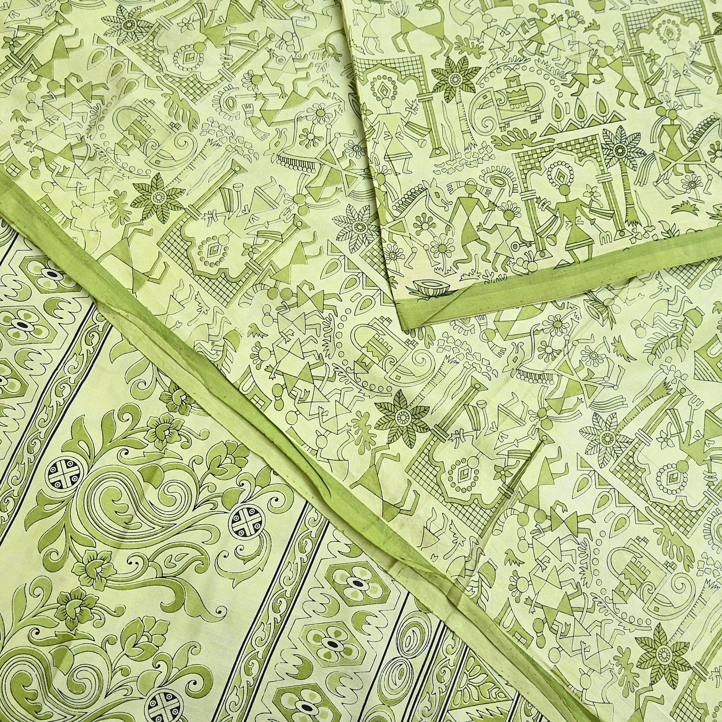 Indian Vintage Sari green & ivory Pure Silk Warli Printed Saree Craft Fabric 5Yd Dress making Sewing Dress making For Crafting Quilting