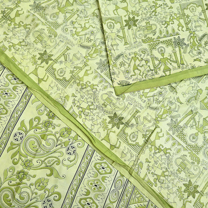 Indian Vintage Sari green & ivory Pure Silk Warli Printed Saree Craft Fabric 5Yd Dress making Sewing Dress making For Crafting Quilting