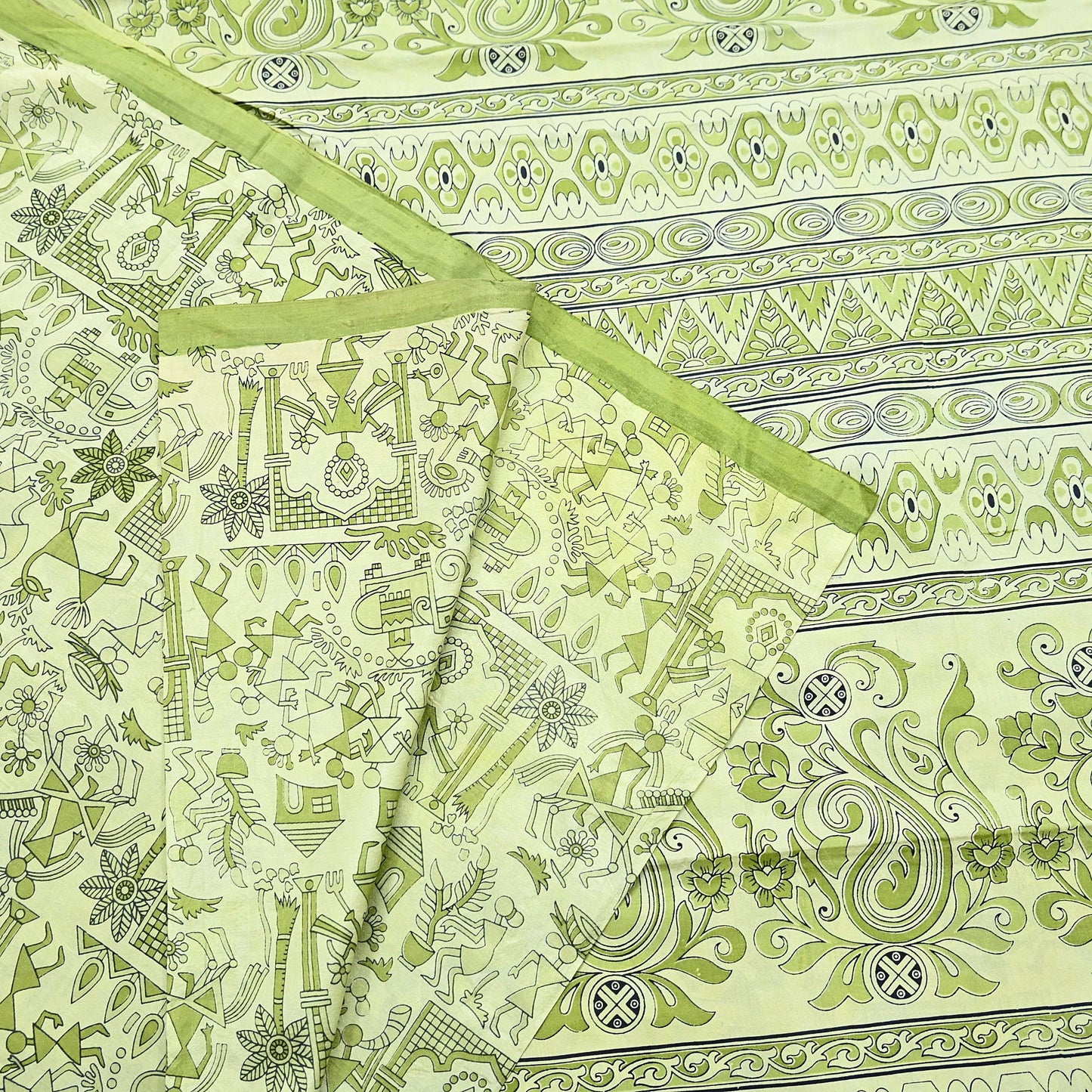 Indian Vintage Sari green & ivory Pure Silk Warli Printed Saree Craft Fabric 5Yd Dress making Sewing Dress making For Crafting Quilting