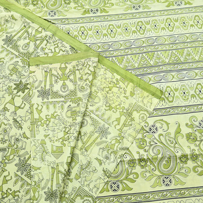 Indian Vintage Sari green & ivory Pure Silk Warli Printed Saree Craft Fabric 5Yd Dress making Sewing Dress making For Crafting Quilting