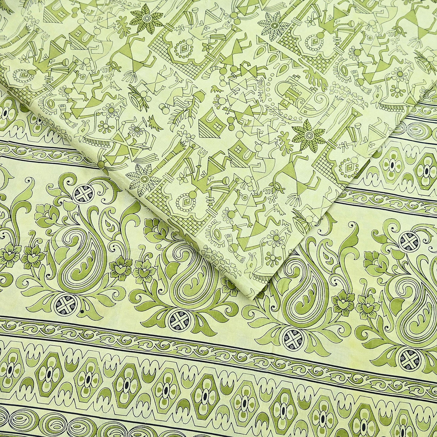 Indian Vintage Sari green & ivory Pure Silk Warli Printed Saree Craft Fabric 5Yd Dress making Sewing Dress making For Crafting Quilting