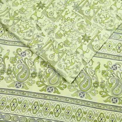 Indian Vintage Sari green & ivory Pure Silk Warli Printed Saree Craft Fabric 5Yd Dress making Sewing Dress making For Crafting Quilting