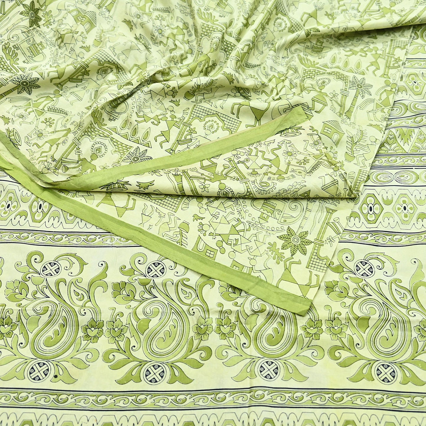 Indian Vintage Sari green & ivory Pure Silk Warli Printed Saree Craft Fabric 5Yd Dress making Sewing Dress making For Crafting Quilting