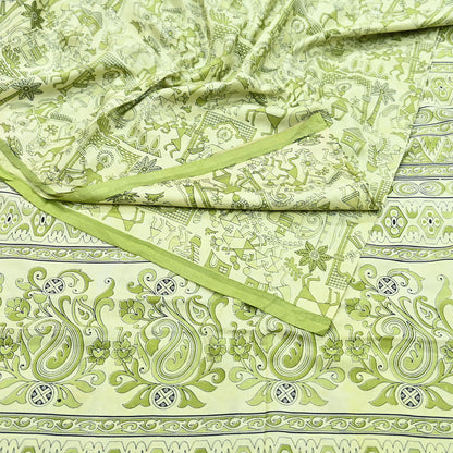 Indian Vintage Sari green & ivory Pure Silk Warli Printed Saree Craft Fabric 5Yd Dress making Sewing Dress making For Crafting Quilting