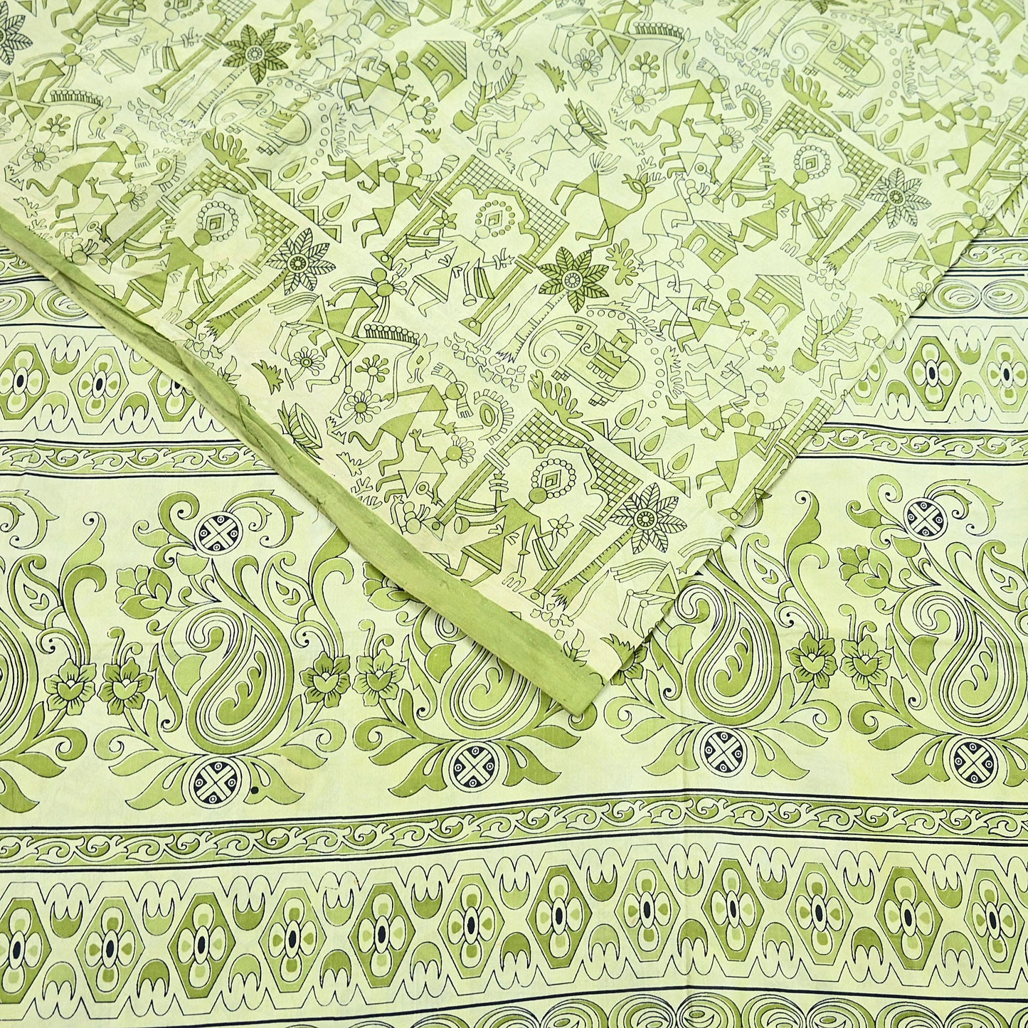 Indian Vintage Sari green & ivory Pure Silk Warli Printed Saree Craft Fabric 5Yd Dress making Sewing Dress making For Crafting Quilting