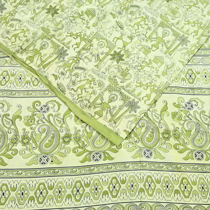 Indian Vintage Sari green & ivory Pure Silk Warli Printed Saree Craft Fabric 5Yd Dress making Sewing Dress making For Crafting Quilting