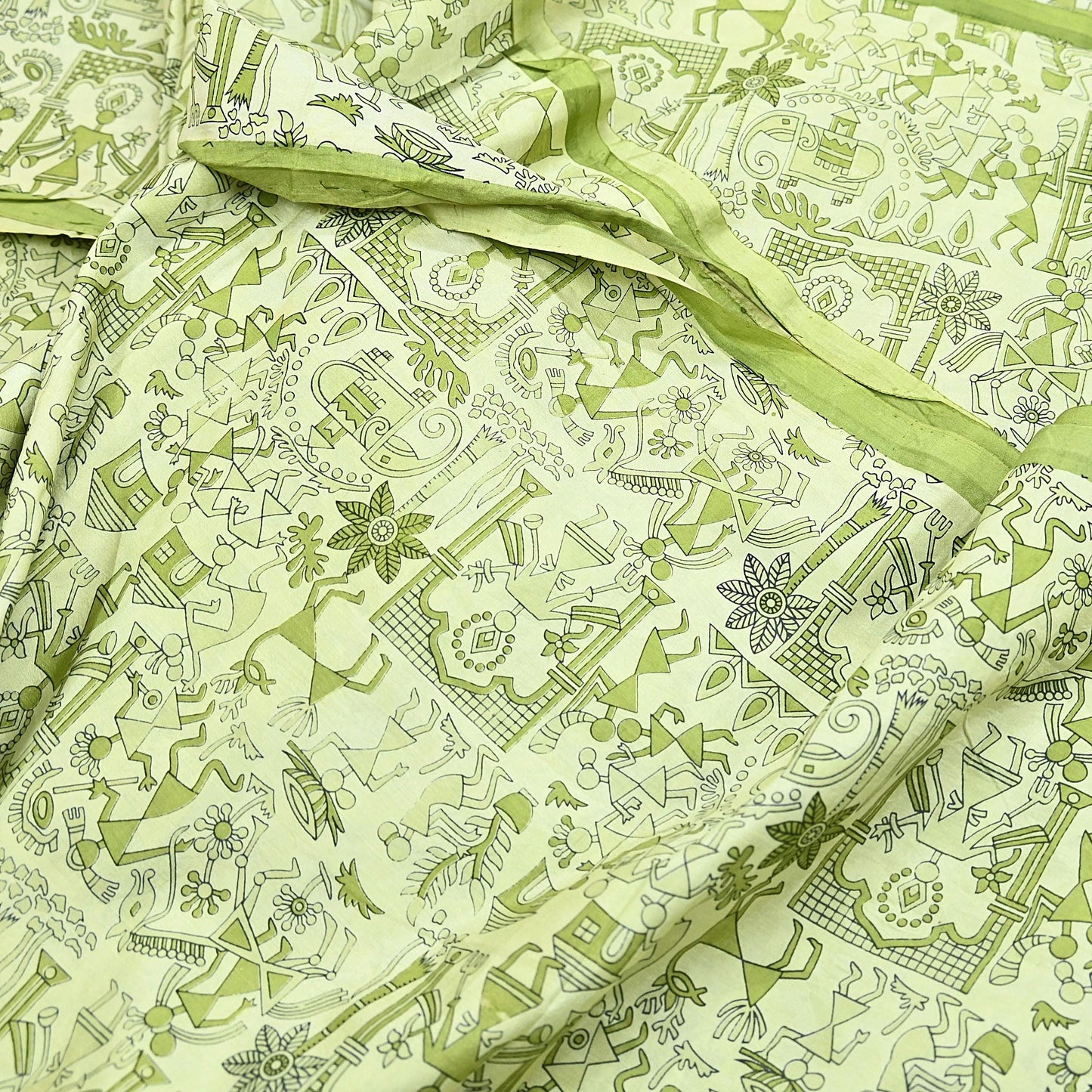 Indian Vintage Sari green & ivory Pure Silk Warli Printed Saree Craft Fabric 5Yd Dress making Sewing Dress making For Crafting Quilting