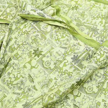 Indian Vintage Sari green & ivory Pure Silk Warli Printed Saree Craft Fabric 5Yd Dress making Sewing Dress making For Crafting Quilting