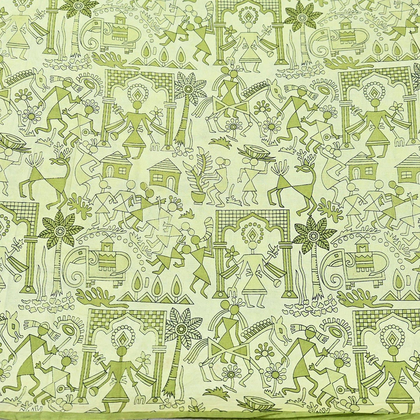 Indian Vintage Sari green & ivory Pure Silk Warli Printed Saree Craft Fabric 5Yd Dress making Sewing Dress making For Crafting Quilting