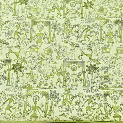 Indian Vintage Sari green & ivory Pure Silk Warli Printed Saree Craft Fabric 5Yd Dress making Sewing Dress making For Crafting Quilting