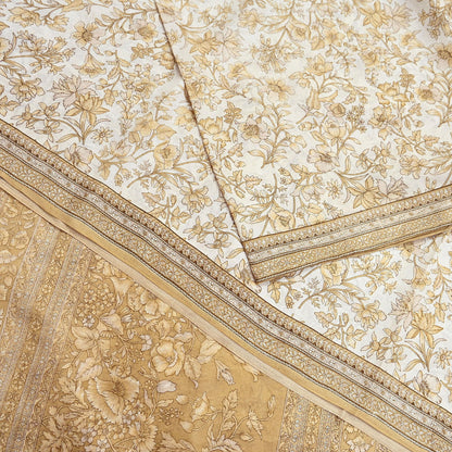 Indian Vintage Sari Ivory & Beige Pure Silk Printed Saree 6yd Sewing Paisley Craft Fabric DressMaking Soft Used Upcycled