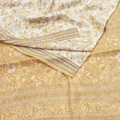 Indian Vintage Sari Ivory & Beige Pure Silk Printed Saree 6yd Sewing Paisley Craft Fabric DressMaking Soft Used Upcycled