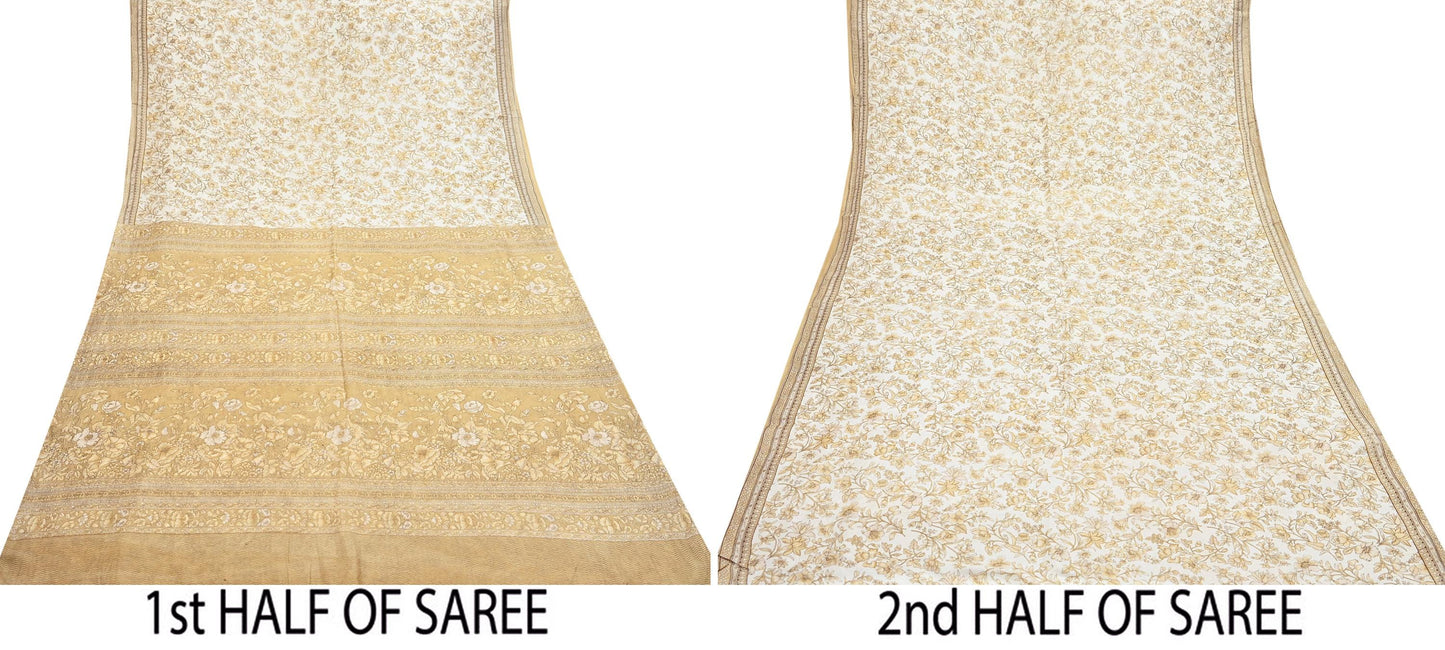 Indian Vintage Sari Ivory & Beige Pure Silk Printed Saree 6yd Sewing Paisley Craft Fabric DressMaking Soft Used Upcycled
