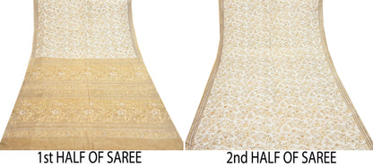 Indian Vintage Sari Ivory & Beige Pure Silk Printed Saree 6yd Sewing Paisley Craft Fabric DressMaking Soft Used Upcycled