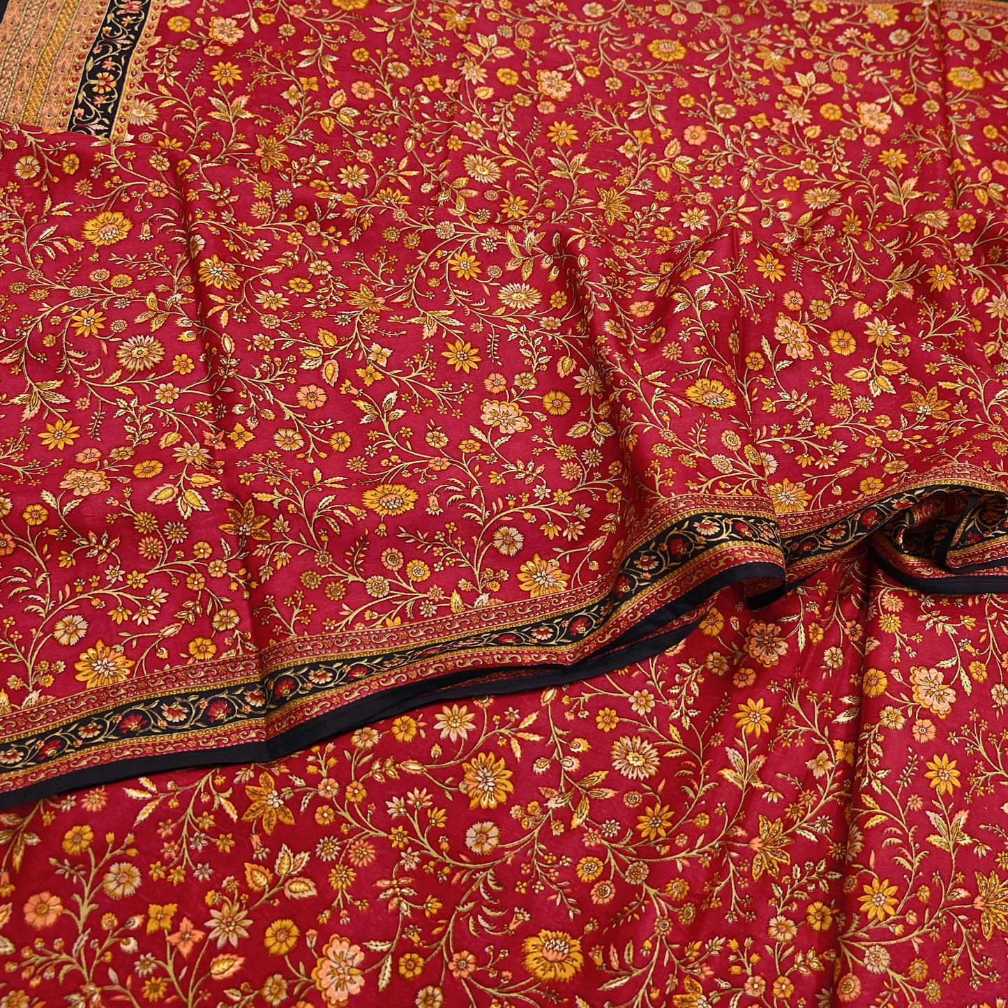 Indian Vintage Sari Maroon & Black 100% Pure Silk Printed Saree Craft Fabric 6yd Sewing Dress Making Soft Wrap Quilting Crafting Upcycle