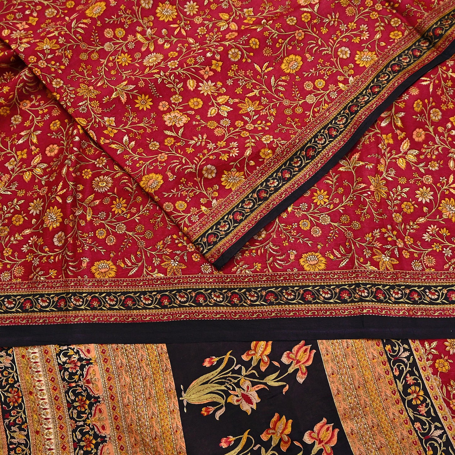 Indian Vintage Sari Maroon & Black 100% Pure Silk Printed Saree Craft Fabric 6yd Sewing Dress Making Soft Wrap Quilting Crafting Upcycle