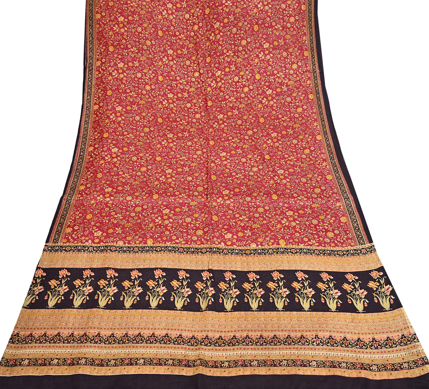 Indian Vintage Sari Maroon & Black 100% Pure Silk Printed Saree Craft Fabric 6yd Sewing Dress Making Soft Wrap Quilting Crafting Upcycle