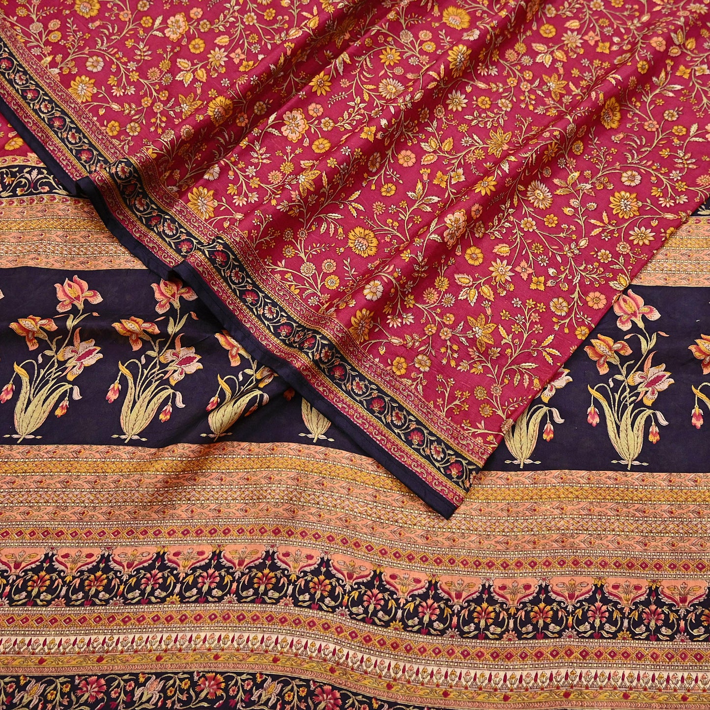 Indian Vintage Sari Maroon & Black 100% Pure Silk Printed Saree Craft Fabric 6yd Sewing Dress Making Soft Wrap Quilting Crafting Upcycle