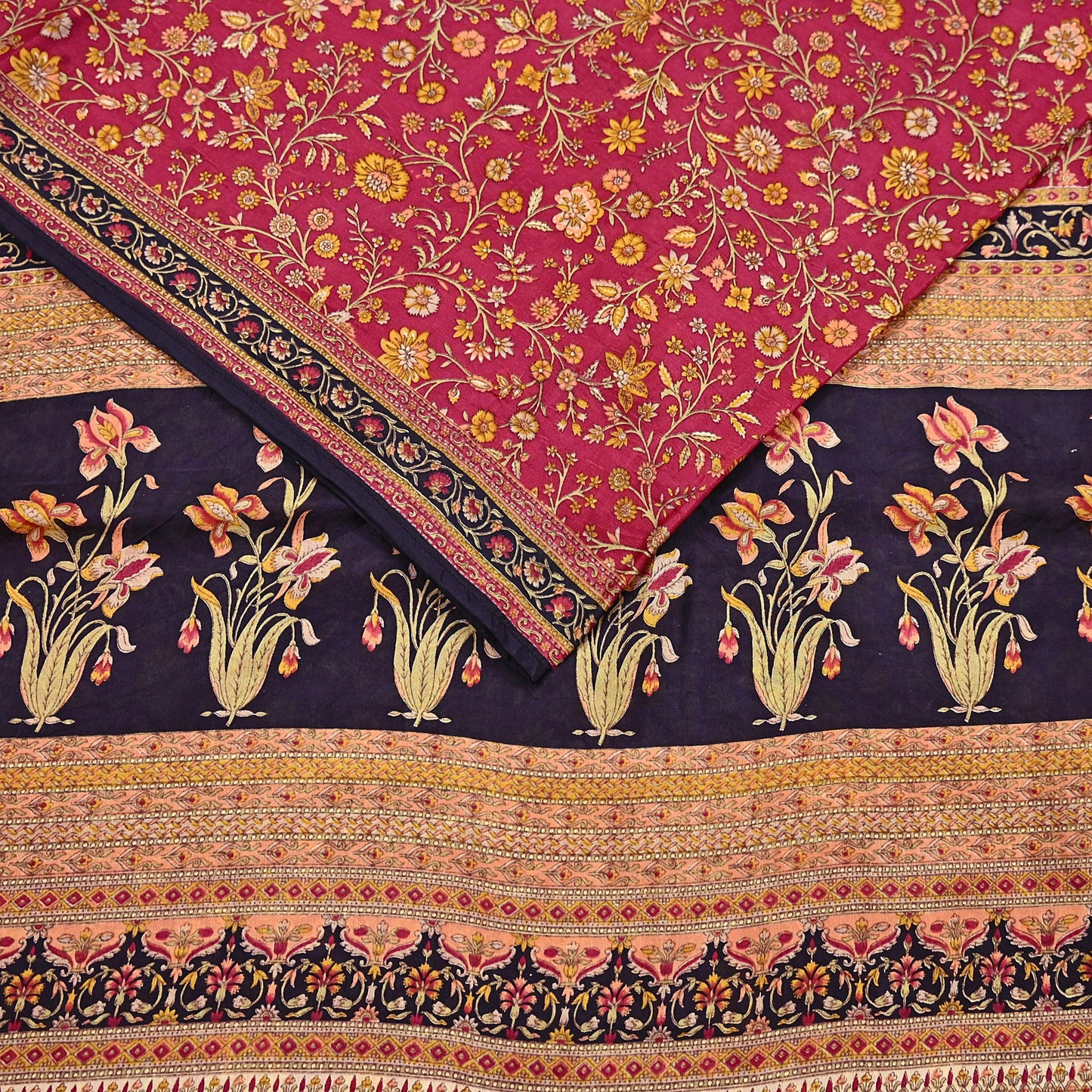 Indian Vintage Sari Maroon & Black 100% Pure Silk Printed Saree Craft Fabric 6yd Sewing Dress Making Soft Wrap Quilting Crafting Upcycle