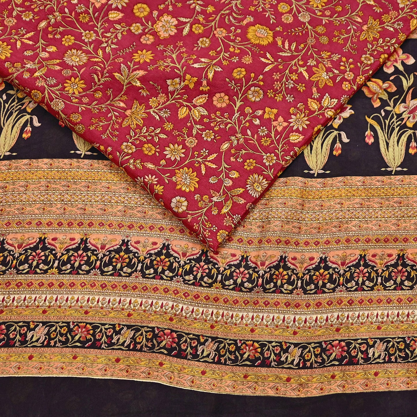 Indian Vintage Sari Maroon & Black 100% Pure Silk Printed Saree Craft Fabric 6yd Sewing Dress Making Soft Wrap Quilting Crafting Upcycle