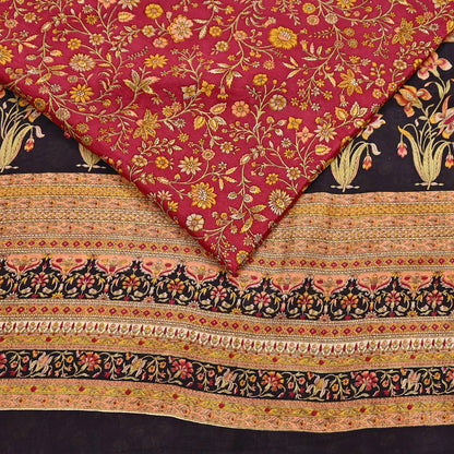 Indian Vintage Sari Maroon & Black 100% Pure Silk Printed Saree Craft Fabric 6yd Sewing Dress Making Soft Wrap Quilting Crafting Upcycle