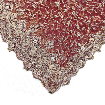 Indian Vintage Heavy Bridal Red Dupatta Net Mesh Long Stole Hand Embroidered Scarves Zardozi Dabka Zari Wedding dupatta veil hijab