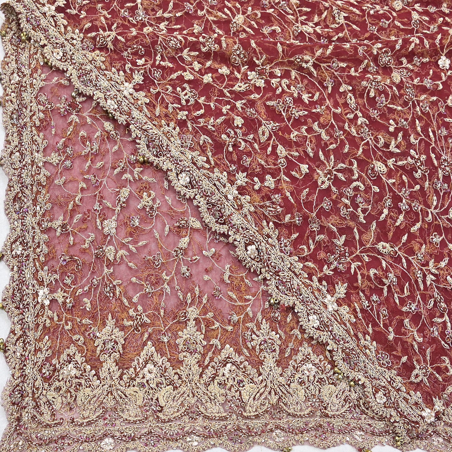 Indian Vintage Heavy Bridal Red Dupatta Net Mesh Long Stole Hand Embroidered Scarves Zardozi Dabka Zari Wedding dupatta veil hijab
