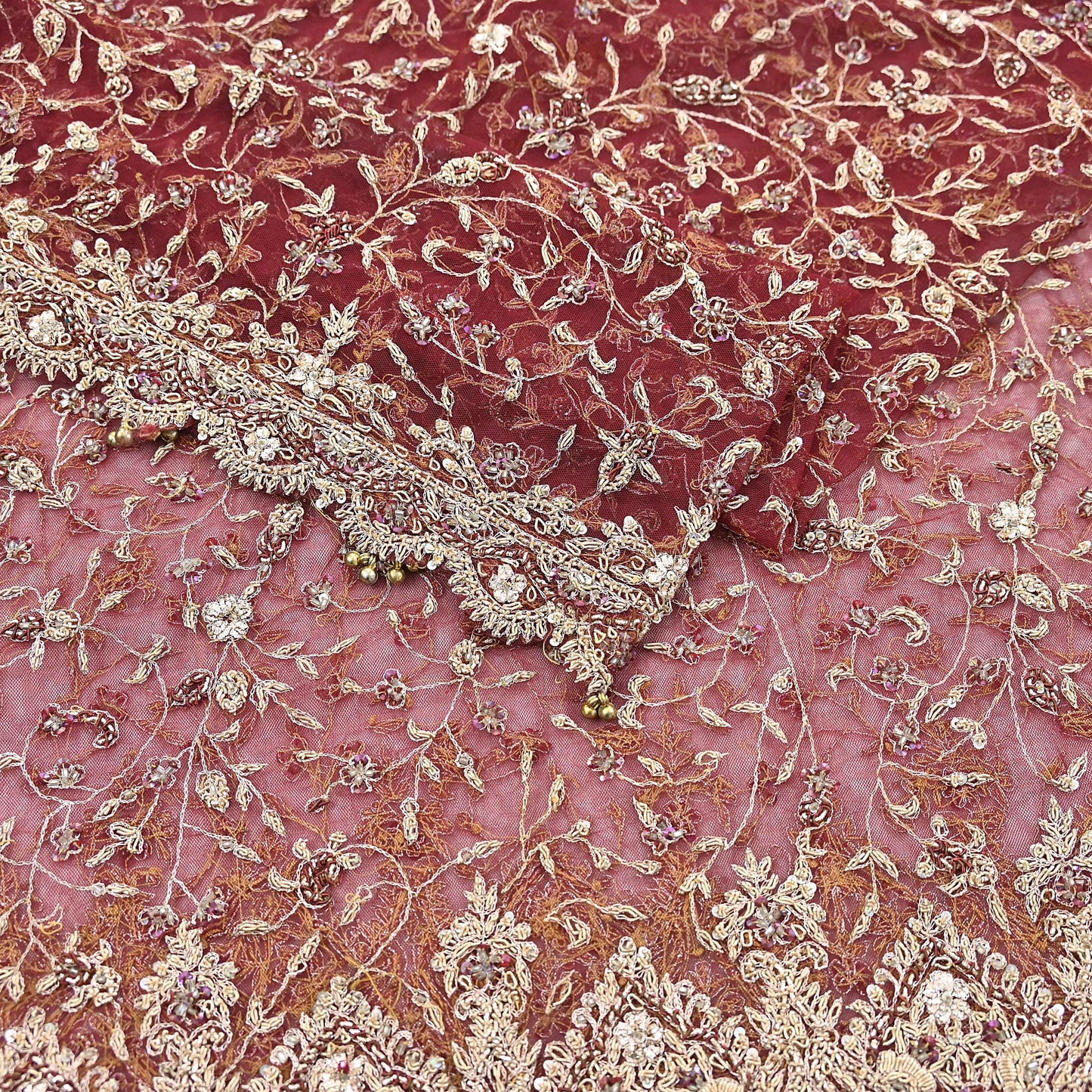 Indian Vintage Heavy Bridal Red Dupatta Net Mesh Long Stole Hand Embroidered Scarves Zardozi Dabka Zari Wedding dupatta veil hijab