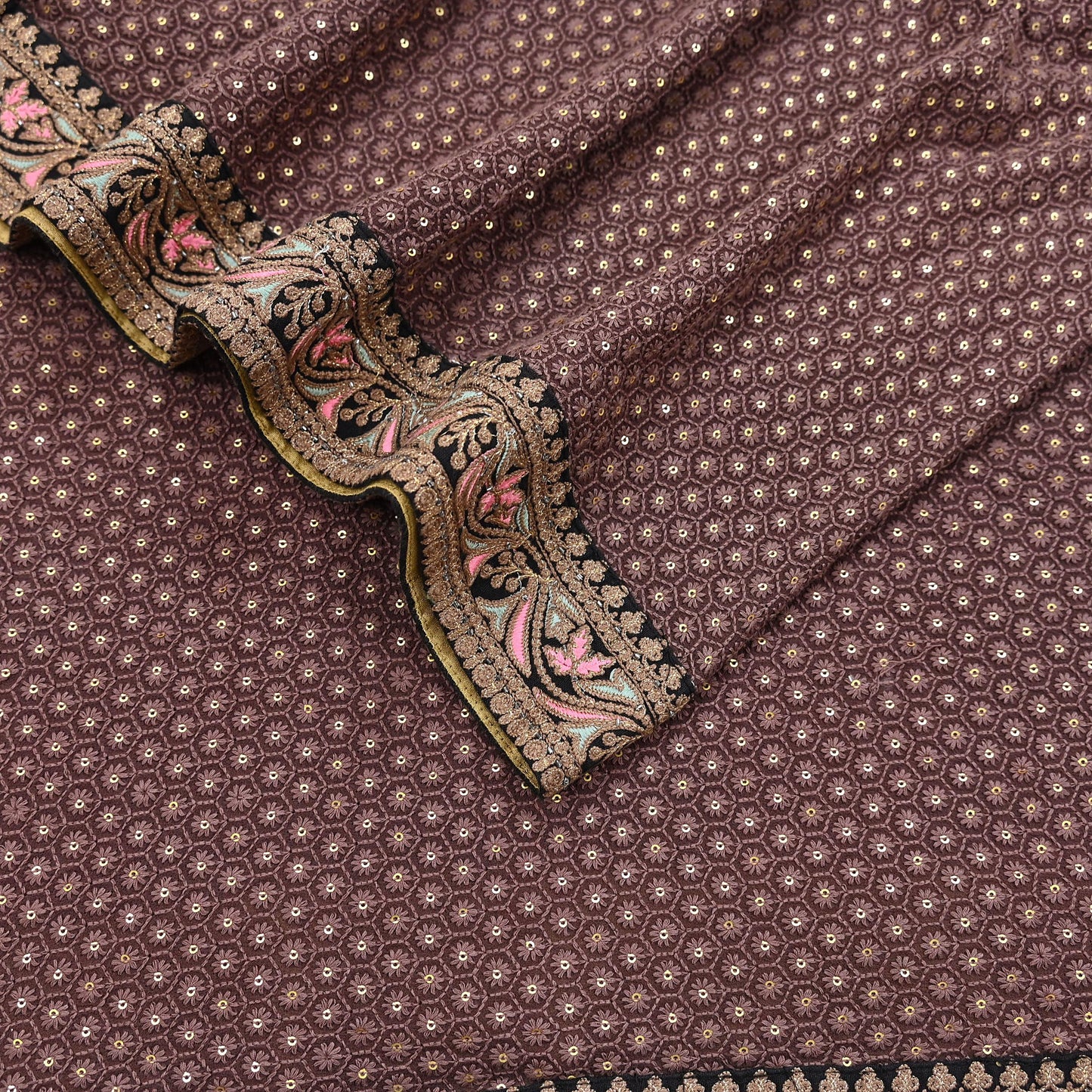 Indian Vintage Dupatta Brown Long Stole Pure Georgette Silk Embroidered Scarves Veil Hijab Floral