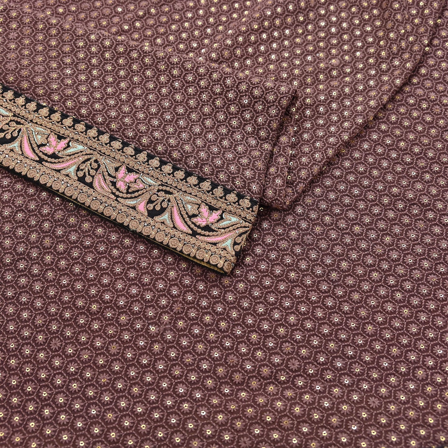Indian Vintage Dupatta Brown Long Stole Pure Georgette Silk Embroidered Scarves Veil Hijab Floral