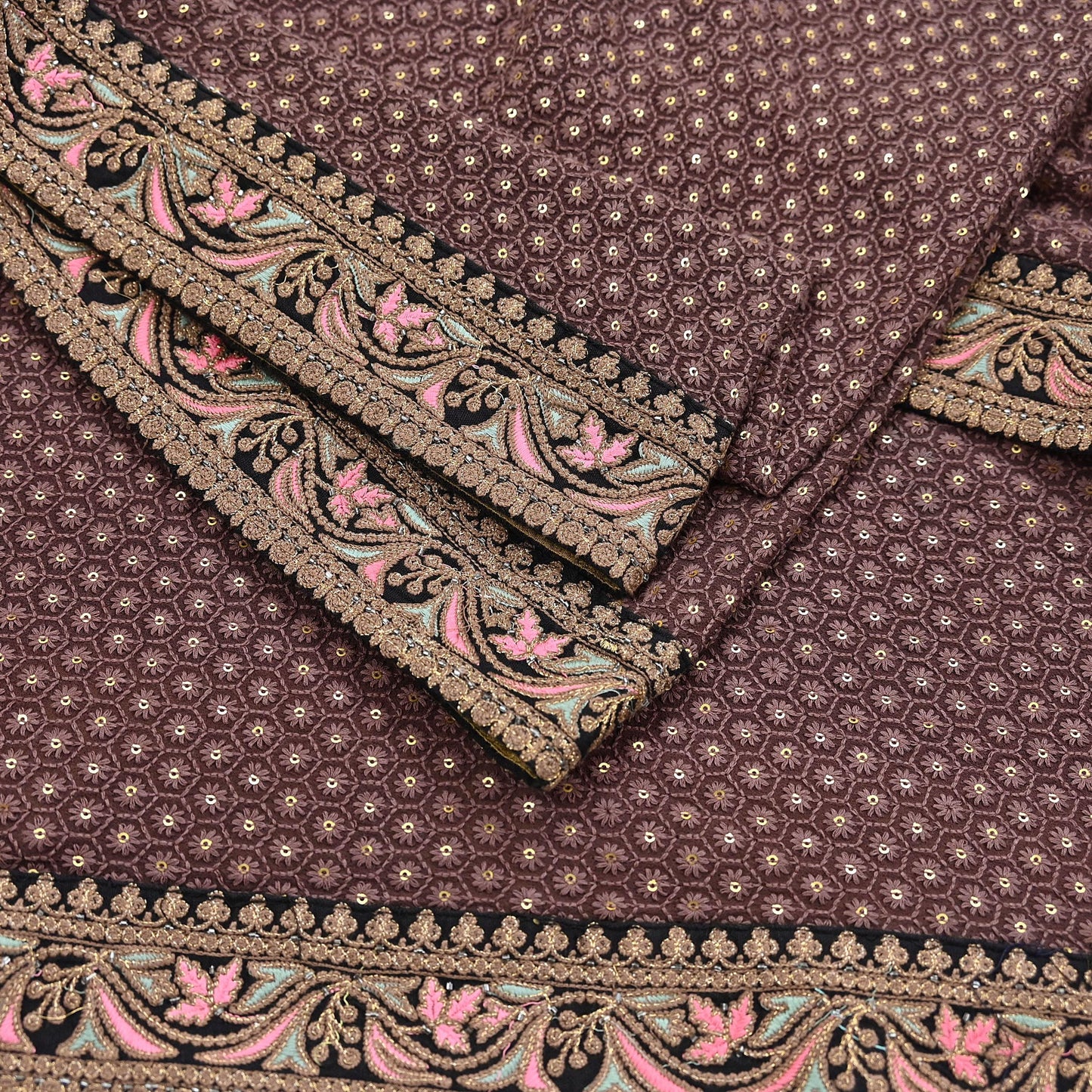 Indian Vintage Dupatta Brown Long Stole Pure Georgette Silk Embroidered Scarves Veil Hijab Floral
